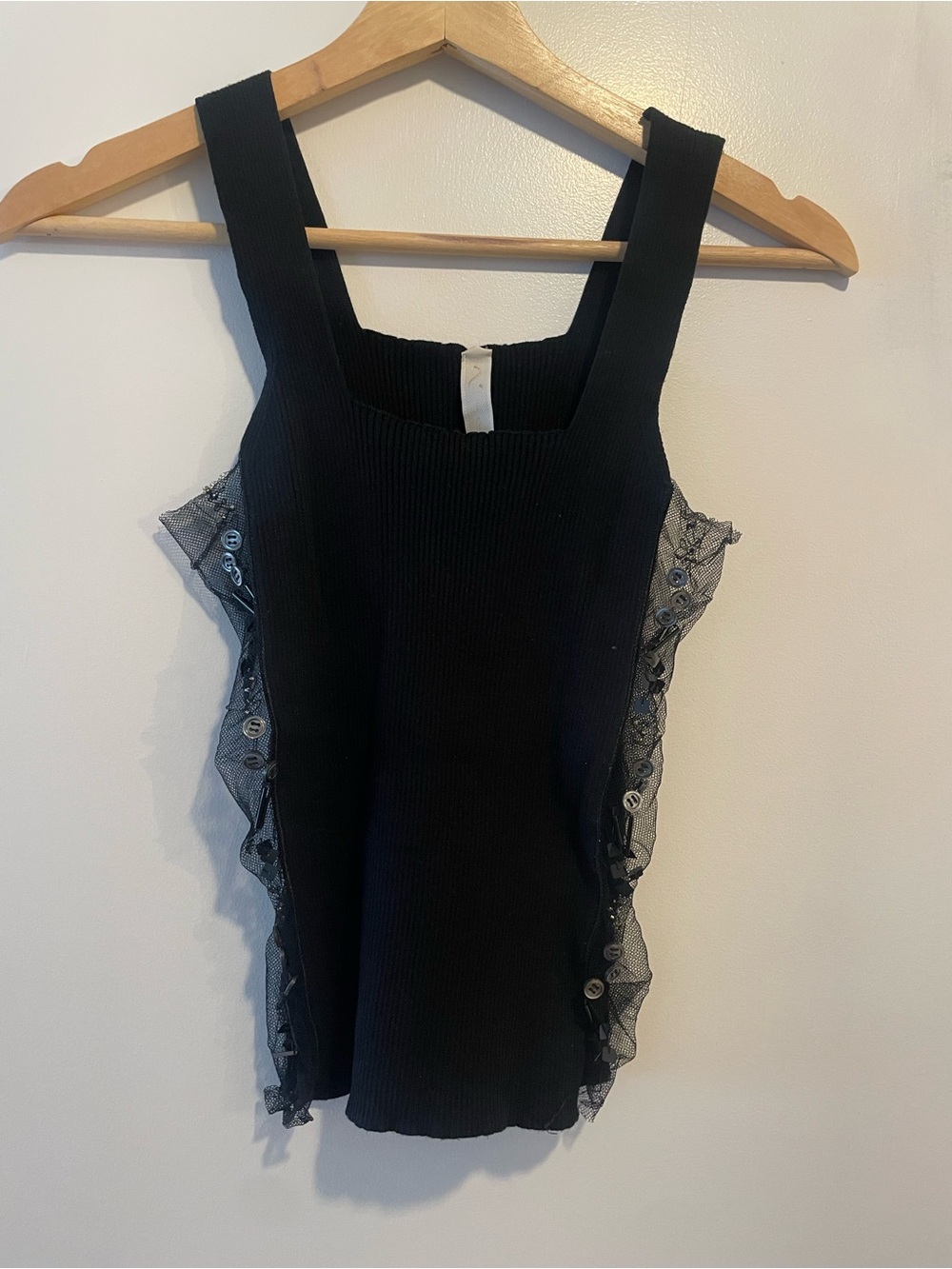 Women's Black Ribbed Tank Top with Sheer Side Ruffle